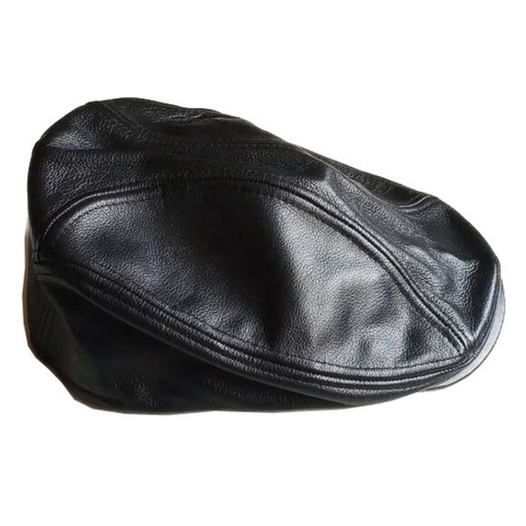 Made In USA Genuine Leather Newsboy Cabbie Cap L/XL KBethos Black - Picture 1 of 6